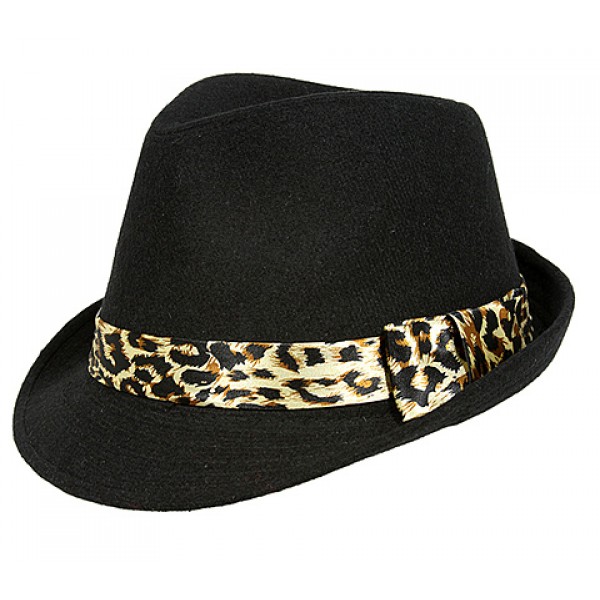 Fedora - Wool-Felt w/ Leopard Print Band - Black - HT-FHT2492BK
